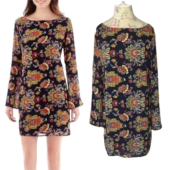 Renn Paisley shift dress with Bell sleeves, Mini, Blue, BOHO, Size Large - Picture 1 of 16